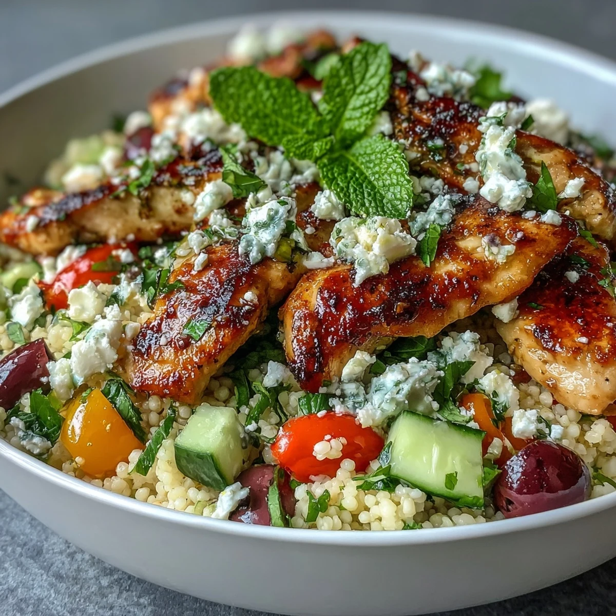 Tossed Mediterranean pearl couscous chicken bowls featuring crisp cucumber, bell pepper, mint, and a bright lemon dressing.