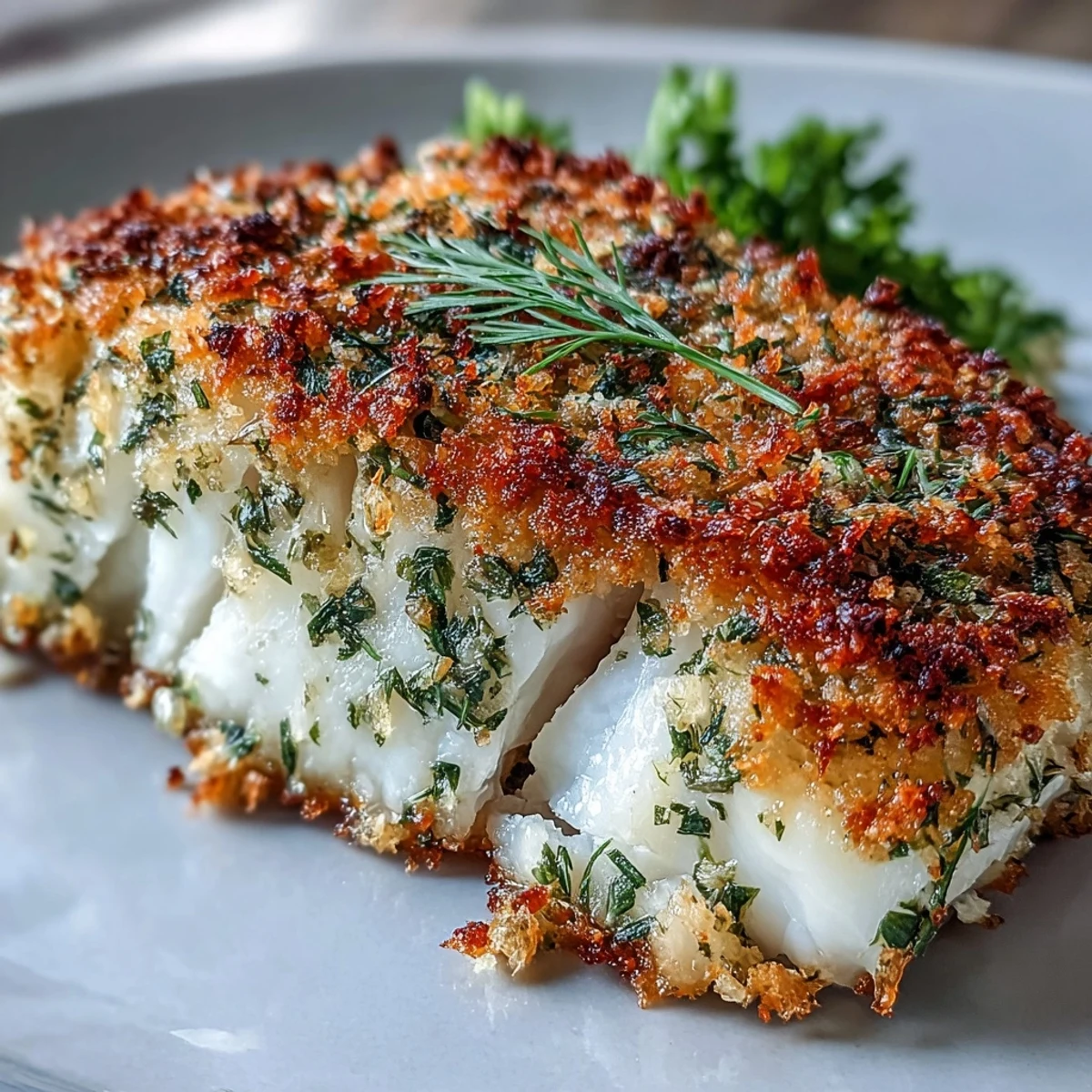 Herb-crusted baked cod with roasted vegetables on a sheet pan, golden and aromatic.  