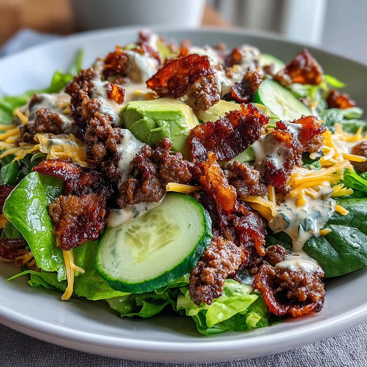 Crispy bacon, juicy ground beef, and fresh avocado slices atop crisp romaine lettuce, garnished with pickles and cheddar.