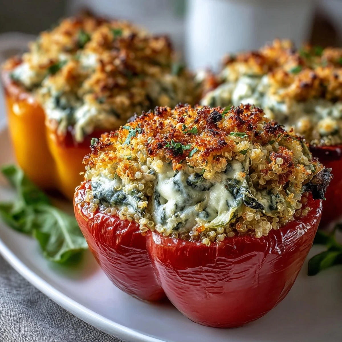 Vibrant bell peppers stuffed with creamy spinach, artichoke, and quinoa for a wholesome vegan dinner.  