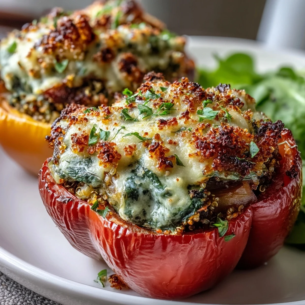 Baked stuffed peppers bursting with savory spinach, artichokes, and grains, perfect for a healthy vegan meal.