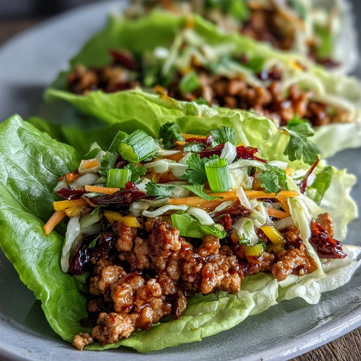 Vibrant lettuce tacos filled with spicy ground turkey and topped with fresh mango slaw for a light, refreshing meal.
