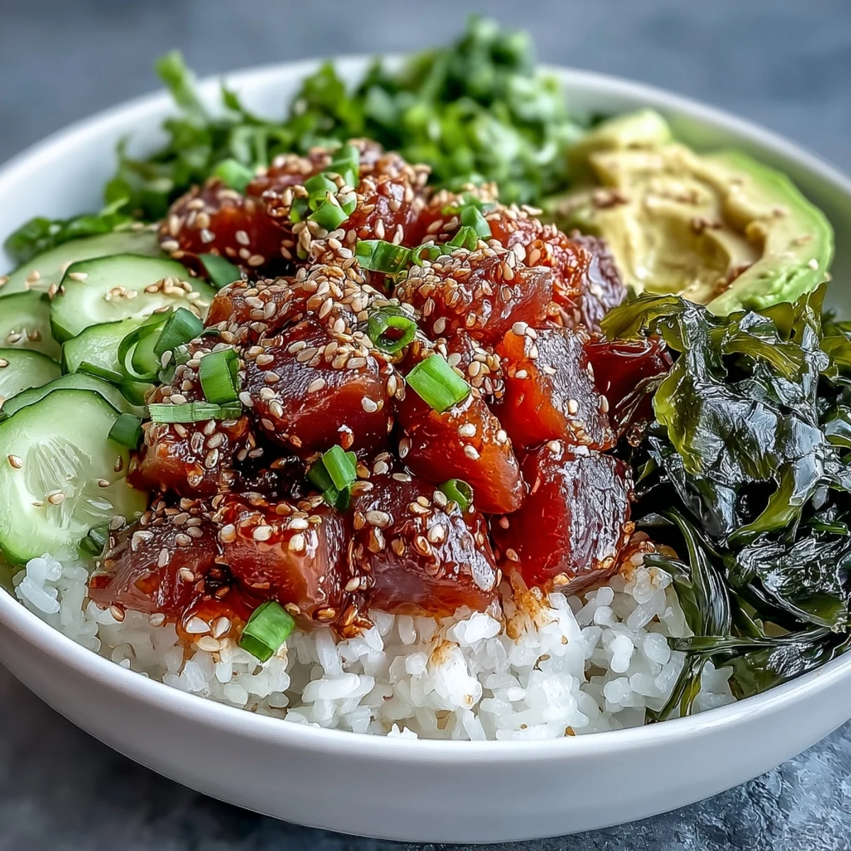 Vibrant Hawaiian poke bowl featuring spicy tuna, fresh seaweed salad, and crunchy edamame on a bed of sushi rice.  