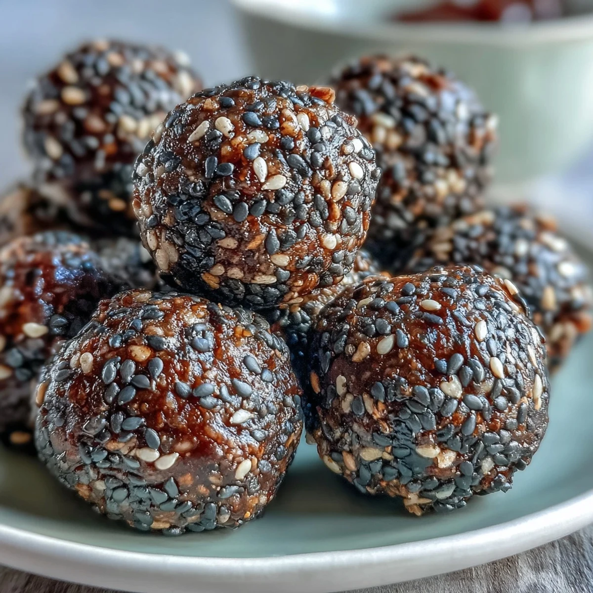 A bowl of wholesome black sesame energy balls, naturally sweetened with maple syrup and tahini.  