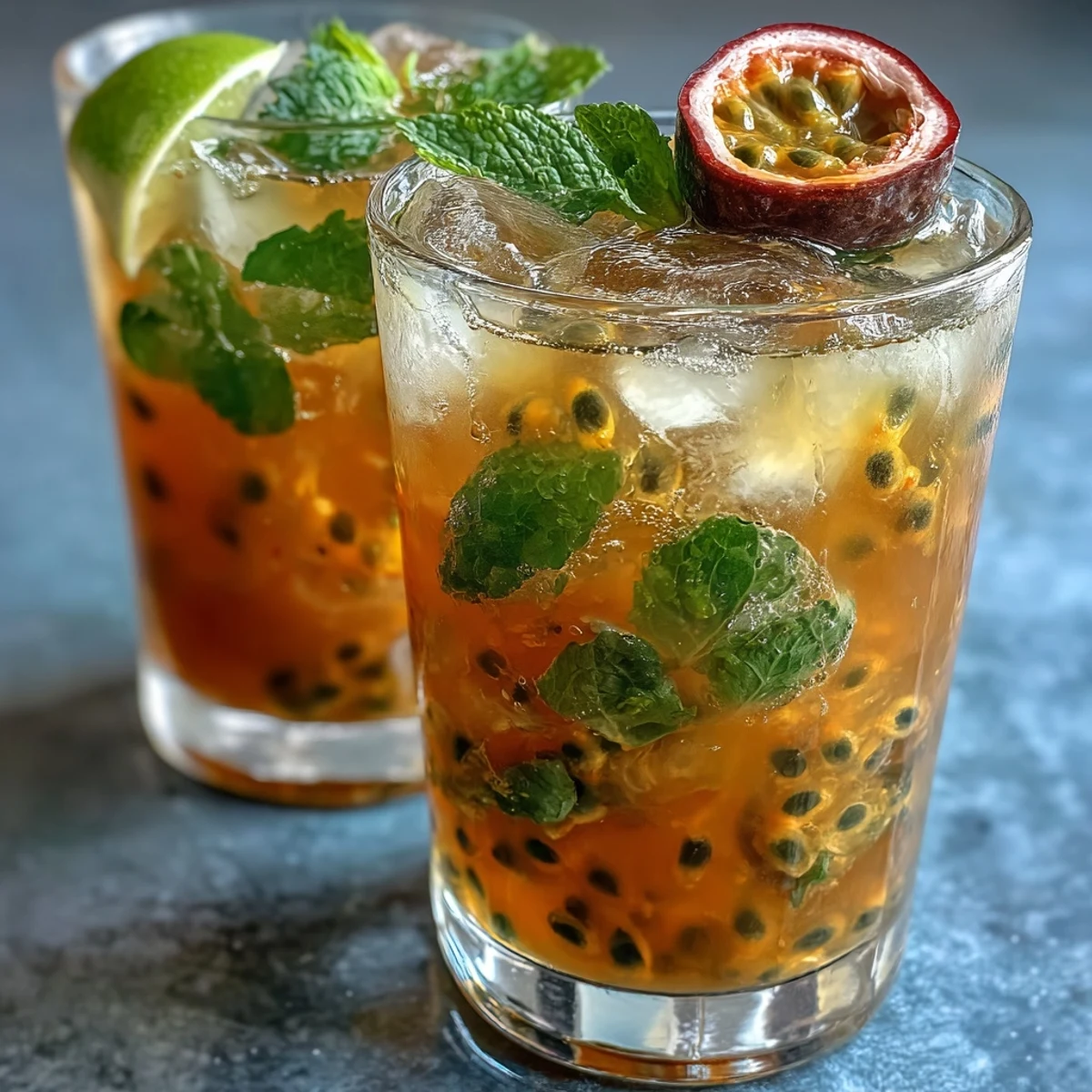Refreshing passionfruit cocktail with vibrant tropical flavors, fresh mint, and zesty lime, served over crushed ice for a perfect summer drink.