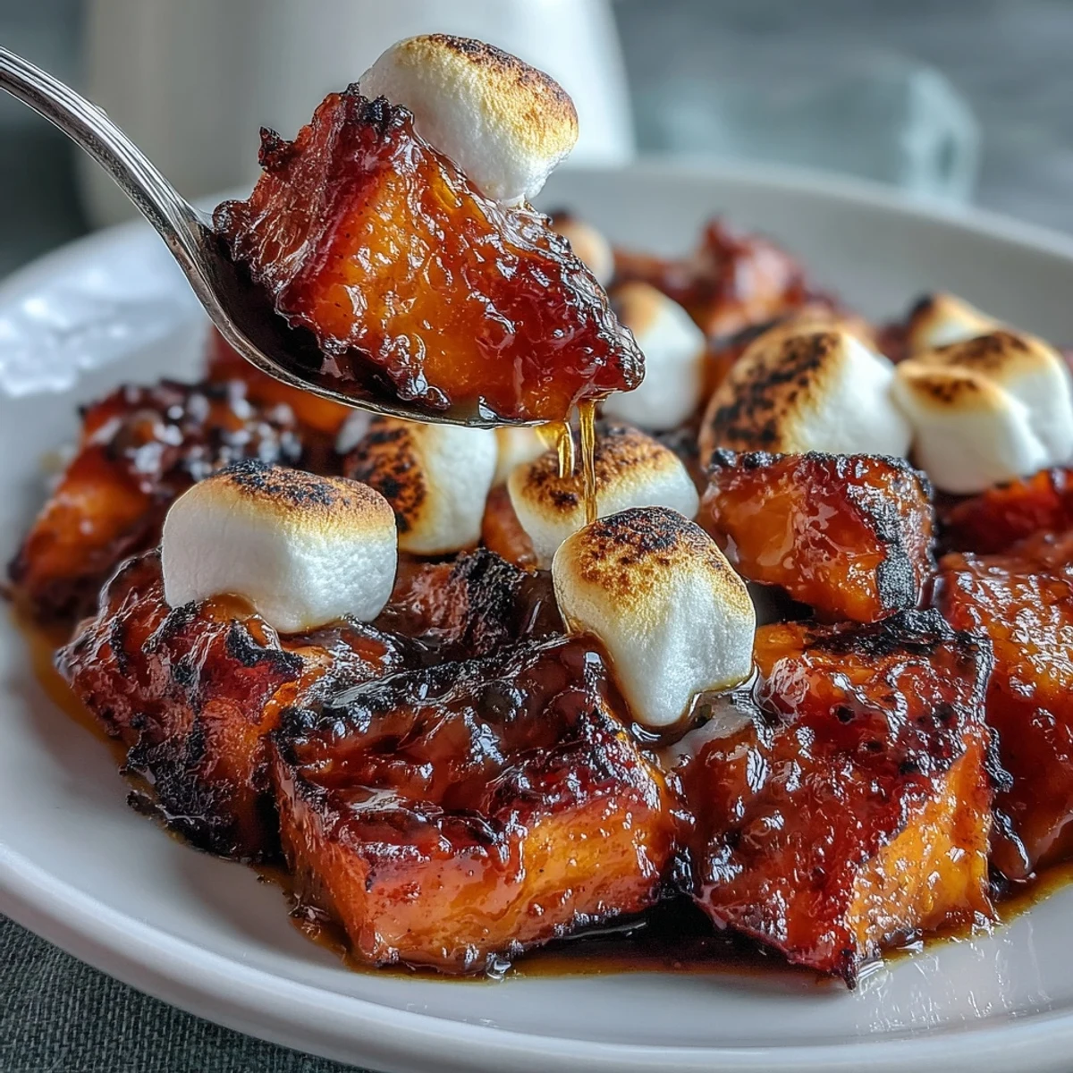 Tender yams glazed with vanilla and cinnamon, topped with gooey melted marshmallows for a sweet holiday side dish.  