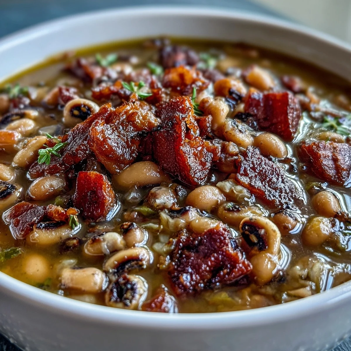 Hearty ham and black-eyed pea soup with smoky ham, tender peas, and fresh vegetables in a savory broth.  