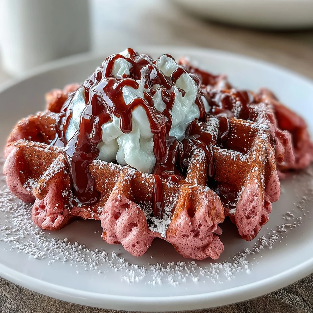 Vibrant pink waffles with rich cocoa flavor, topped with a smooth cream cheese drizzle—perfect for a Galentines brunch celebration.