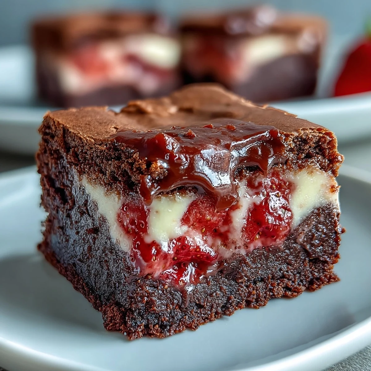 Rich chocolate and strawberry cheesecake brownies, garnished with fresh berries and chocolate shavings.