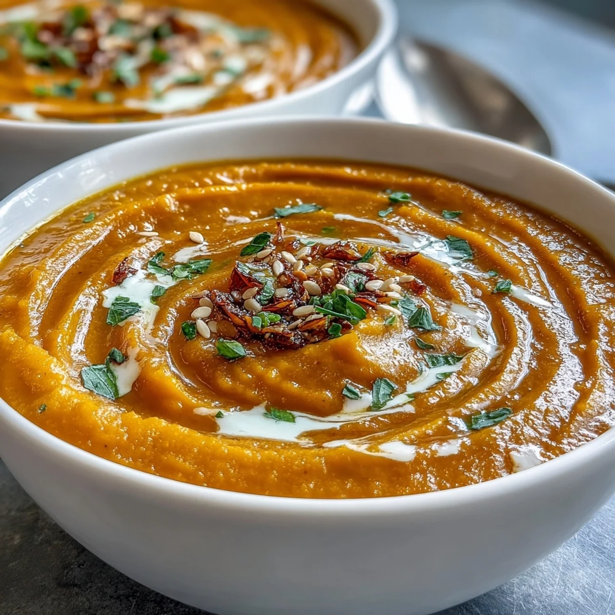 Silky roasted butternut squash soup infused with ginger and white miso, offering a comforting and nourishing vegetarian meal.