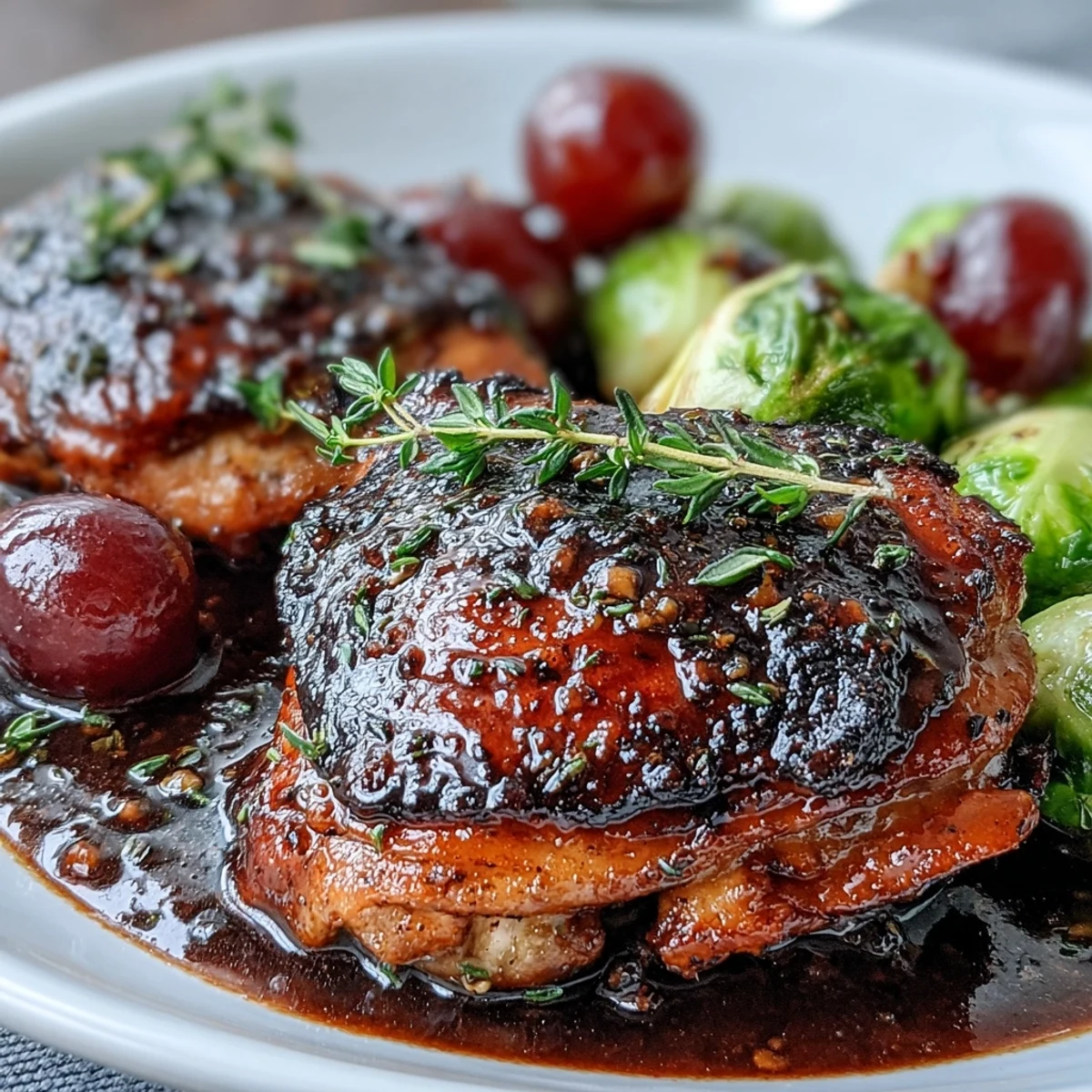 Sheet pan balsamic chicken with Brussels sprouts and grapes, roasted to perfection with caramelized edges and juicy chicken thighs.  