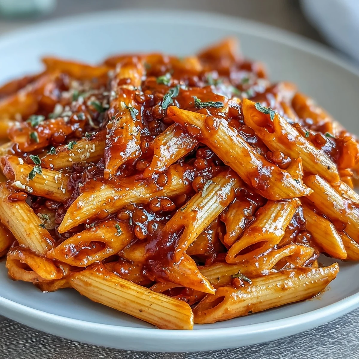 Creamy vegan pasta with roasted red peppers and lentils, blended into a smooth, smoky sauce for a comforting weeknight meal.  