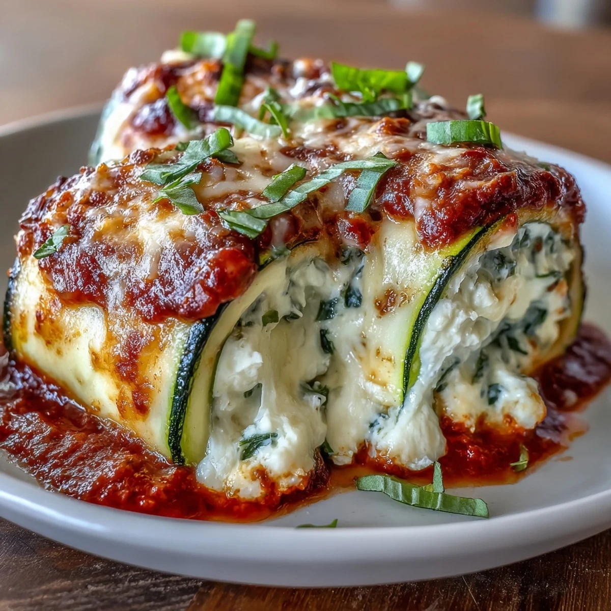 Delicious low-carb zucchini roll-ups stuffed with ricotta, Parmesan, and mozzarella, topped with marinara for a keto-friendly Italian dinner.