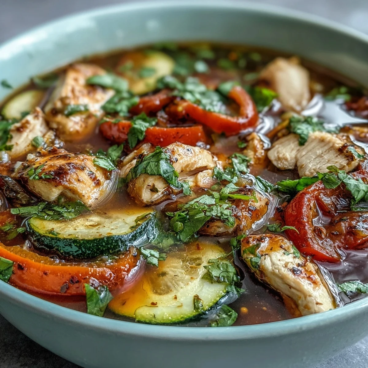 Light and flavorful chicken fajita soup featuring fresh zucchini, bell peppers, and juicy chicken breast in a zesty broth.  