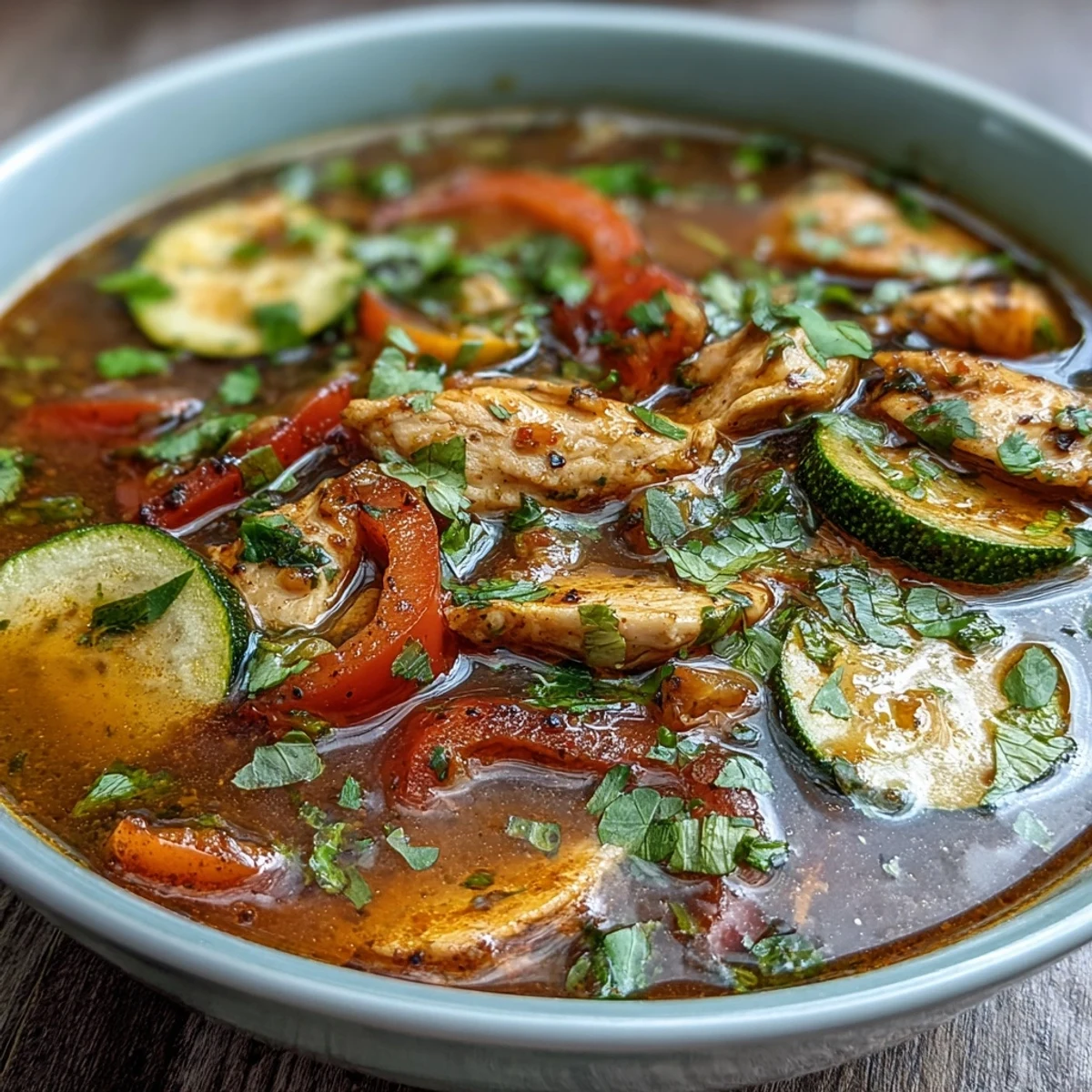 Healthy one-pot fajita soup with zucchini, peppers, and shredded chicken breast, seasoned with smoky cumin and chili powder.