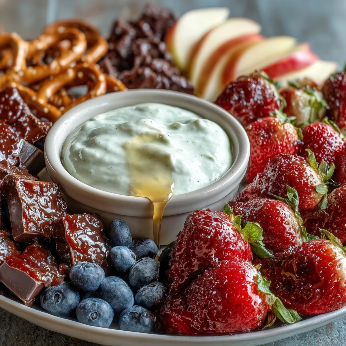 A vibrant Galentines leftover strawberry snack board with creamy yogurt dip, fresh fruit, and sweet-savory dippers for sharing.
