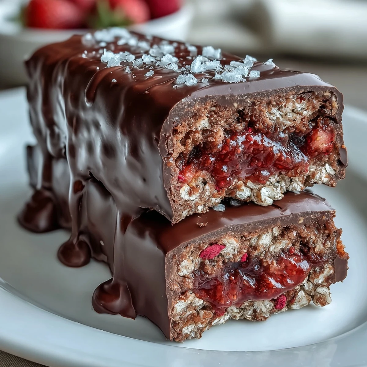 Chocolate-Dipped Strawberry Oat Bars with a thick layer of strawberry jam and a glossy chocolate coating.  