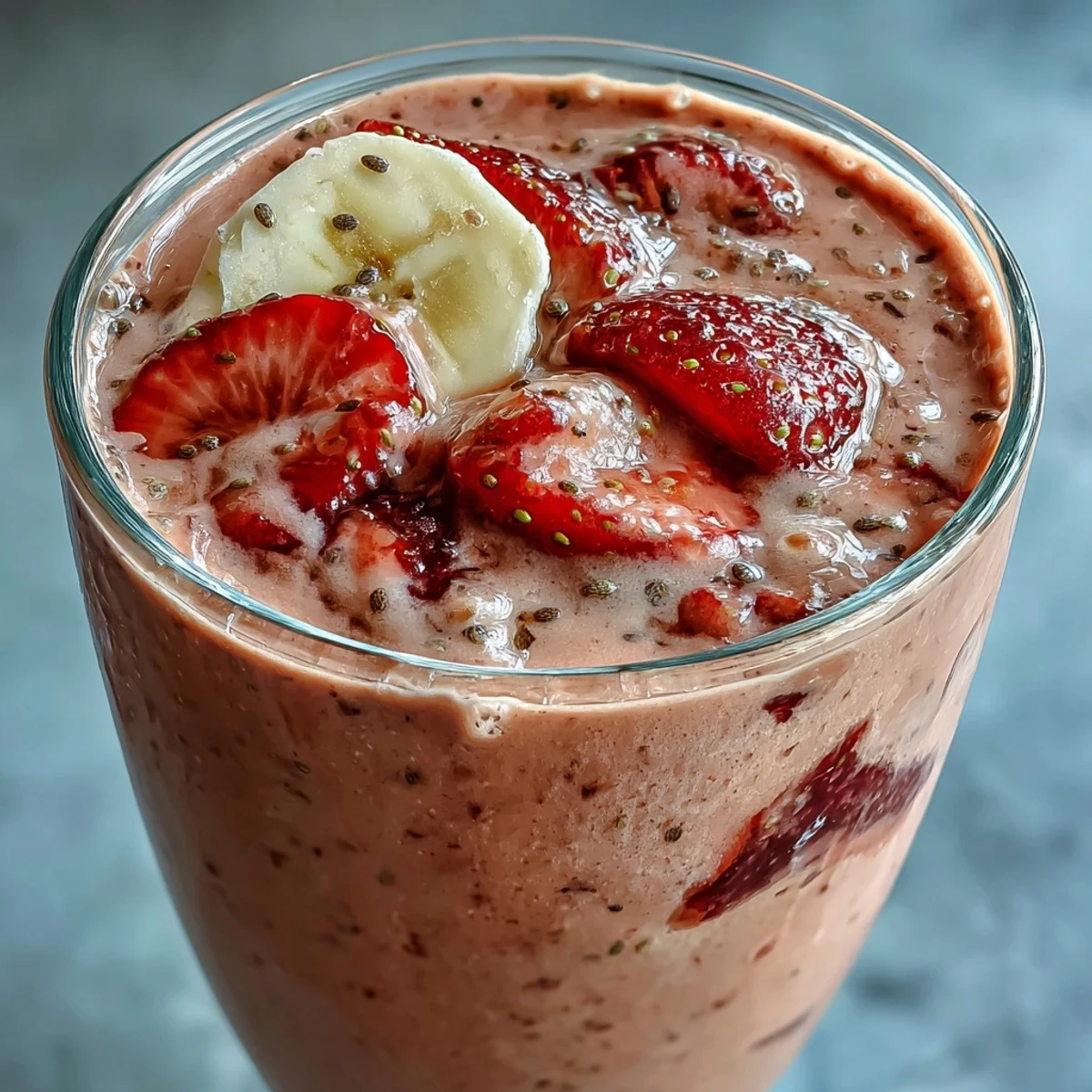 A vibrant strawberry banana protein smoothie blended with chia seeds, topped with fresh fruit slices for a nutritious and energizing breakfast.