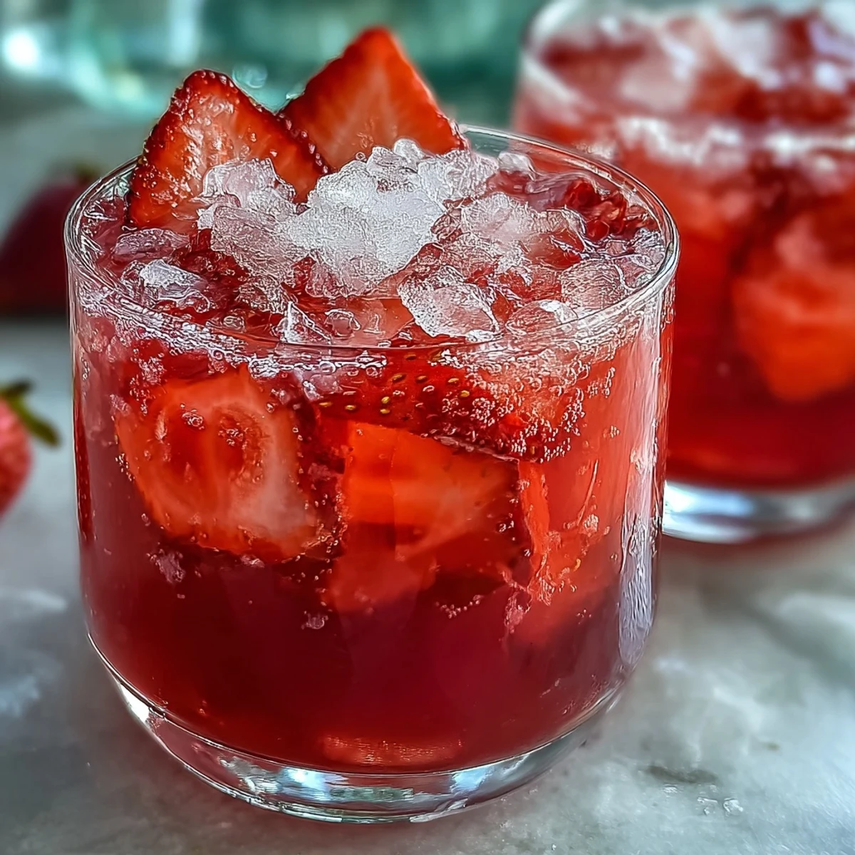 Vibrant non-alcoholic drink featuring blended strawberries, zesty lemon juice, and bubbly sparkling water, served over ice in a clear pitcher.
