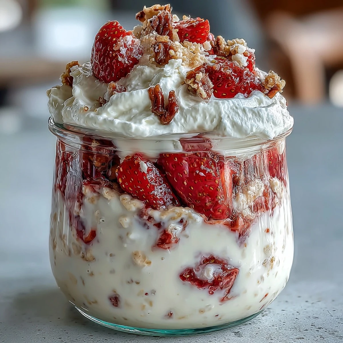 Creamy overnight oats with juicy strawberries and vanilla, just like strawberry shortcake, perfect for a healthy breakfast.