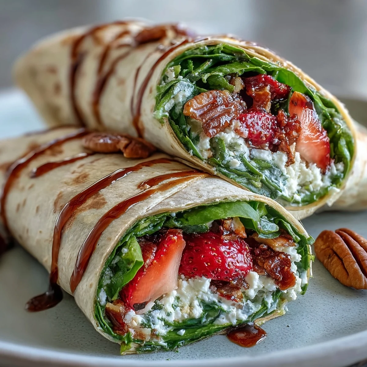 Fresh strawberry spinach wraps with creamy goat cheese crumble and balsamic glaze, perfect for a light lunch.  