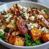 A warm autumn dinner bowl featuring roasted sweet potatoes, creamy goat cheese, and toasted almonds.  