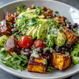A close-up of the Sweet Potato and Black Bean Bowl, showing golden roasted veggies, creamy avocado, and fresh cilantro garnish.  