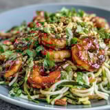 A vibrant Asian Noodle Bowl featuring plump shrimp and crunchy veggies on rice noodles, garnished with peanuts and fresh cilantro leaves.