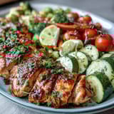Healthy Easy One-Pan Lemon Chicken and Veggie Bake: golden chicken breasts and vibrant vegetables roasted with zesty lemon-herb marinade for a colorful, flavorful dinner.