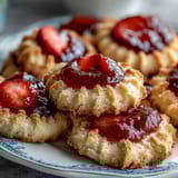 Buttery clotted cream sugar cookies with strawberry jam centers, golden-edged and tender, ready for teatime or gifting.