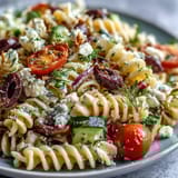 Vibrant Greek-style pasta salad featuring juicy tomatoes, crisp cucumbers, and creamy feta for a refreshing meal.  