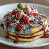 Fluffy pancakes in vibrant hues, artfully shaped like Easter eggs and topped with powdered sugar glaze and chocolate chips.  