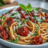 Savory garlic oil coats tender cherry tomato confit pasta, ready to serve.