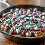 Warm, bubbling 4th of July S'mores Dip, perfect with graham crackers.