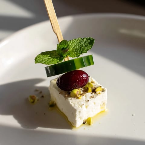 Holiday Cranberry-Feta Skewers: a beautiful appetizer with feta, glistening cranberries, fresh mint, and honey drizzle.