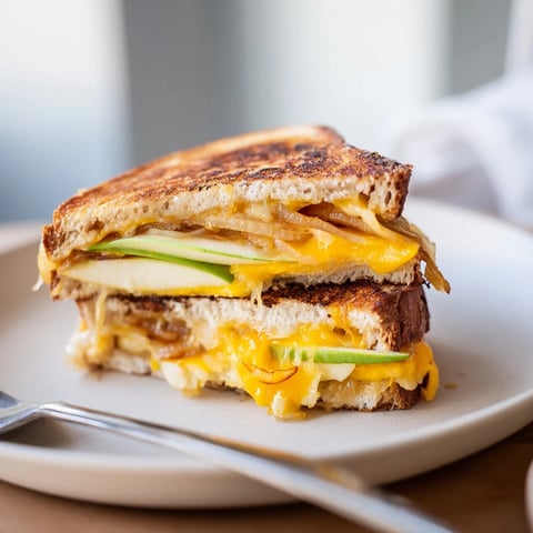 Golden-brown Caramelized Onion, Apple & Cheddar Grilled Cheese, oozing melted cheese and tempting flavors.