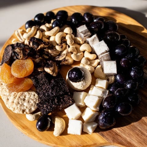 Yin and Yang Balance Board: a beautifully arranged appetizer board with contrasting dark and light elements.