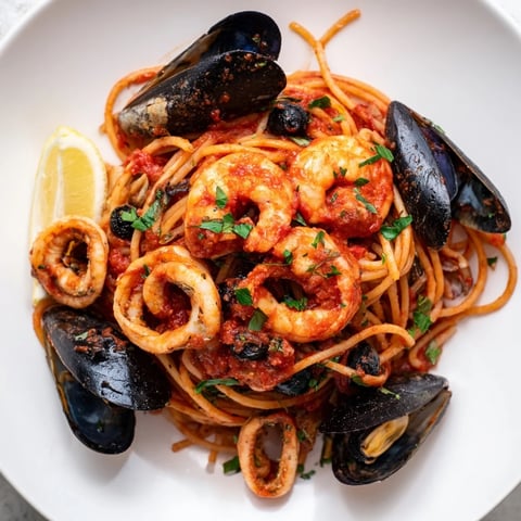 Steaming hot Seafood Marinara Pasta, featuring tender shrimp, mussels, and squid in a rich tomato sauce.
