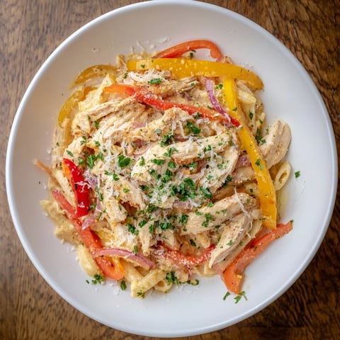 Golden Cajun Chicken Pasta, a creamy, flavorful dish with peppers and tender chicken, ready to serve.