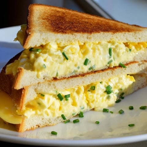 Golden, buttery Egg Salad Grilled Cheese sandwich, cheese oozing, ready to enjoy with a side.
