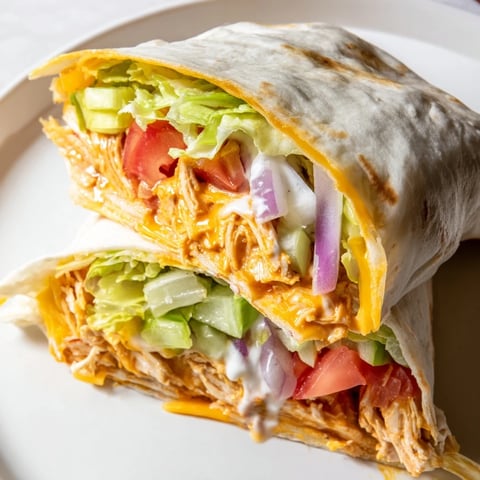 Golden-brown Buffalo Chicken Wrap, filled with savory chicken and fresh veggies, ready to eat.