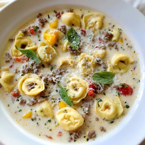 Hearty Tortellini Beef Soup, boasting tender tortellini and a rich, creamy tomato broth.