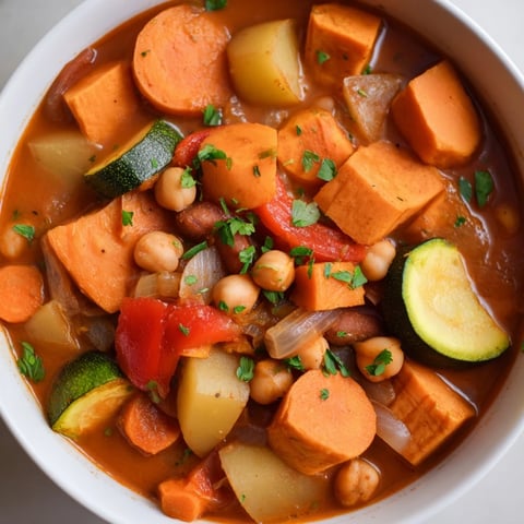 Warm, inviting photo of Hearty Vegan Sweet Potato Stew, ready to serve with fresh parsley garnish.