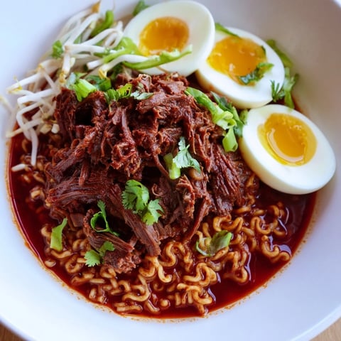 Birria Ramen: Steaming bowl with tender shredded beef, fresh toppings, and rich broth; a fusion delight.
