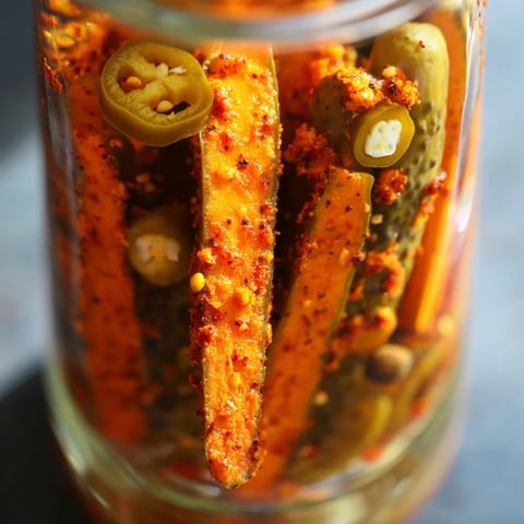 Bright green dill pickle spears marinated in bold taco seasoning, with sliced jalapeños and garlic in a clear jar.  