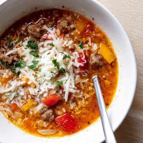 A close-up of steaming Pizza Soup in a rustic bowl, showcasing melted mozzarella cheese and fresh basil garnish.