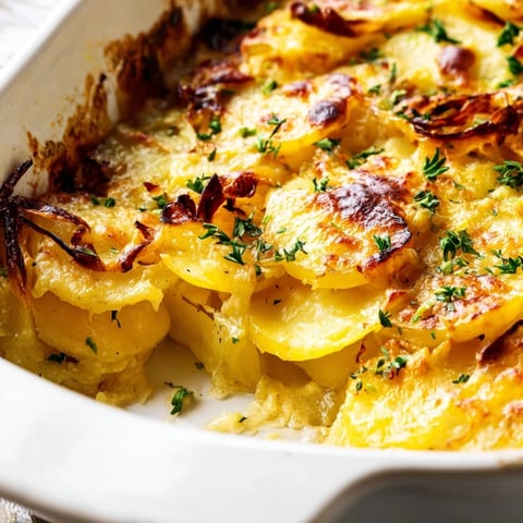 Oven-roasted potato slices layered with sweet, deeply caramelized onions and bubbling, golden Gruyère cheese for French Onion Soup Potatoes.