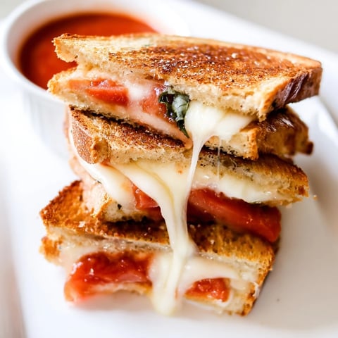Golden-brown Caprese Grilled Cheese Dippers ooze melted mozzarella, layered with fresh tomato and basil, ready for dipping in warm marinara.