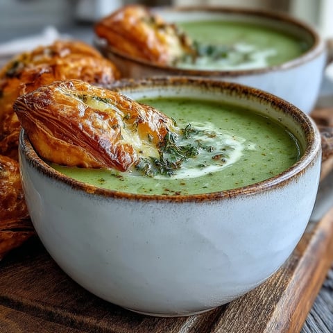 Creamy broccoli and butternut squash soup in a rustic bowl, topped with a golden, flaky pastry filled with melted brie and cheddar cheese.