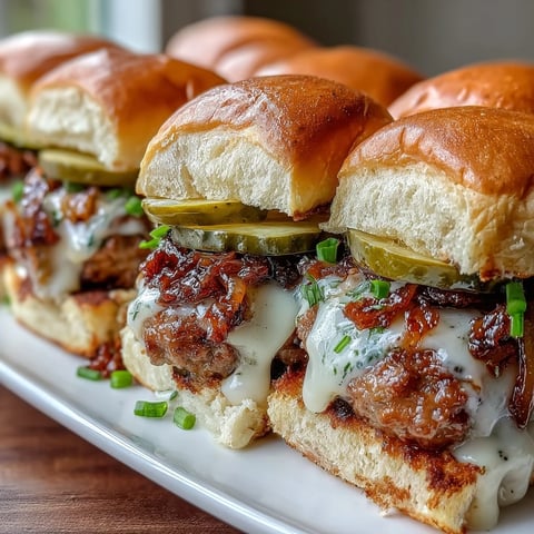 Golden-brown Touchdown Brat Sliders on a platter, featuring juicy brat patties, melted beer cheese, and caramelized onions peeking from soft buns.  